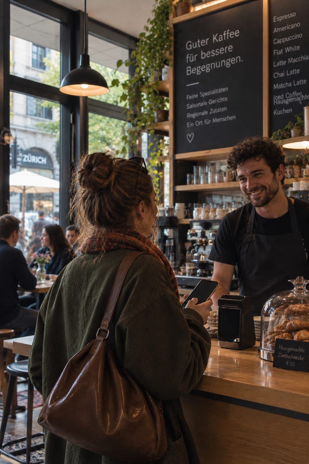 Café-Szene: Kundin am Tresen scannt Wallet-Pass
